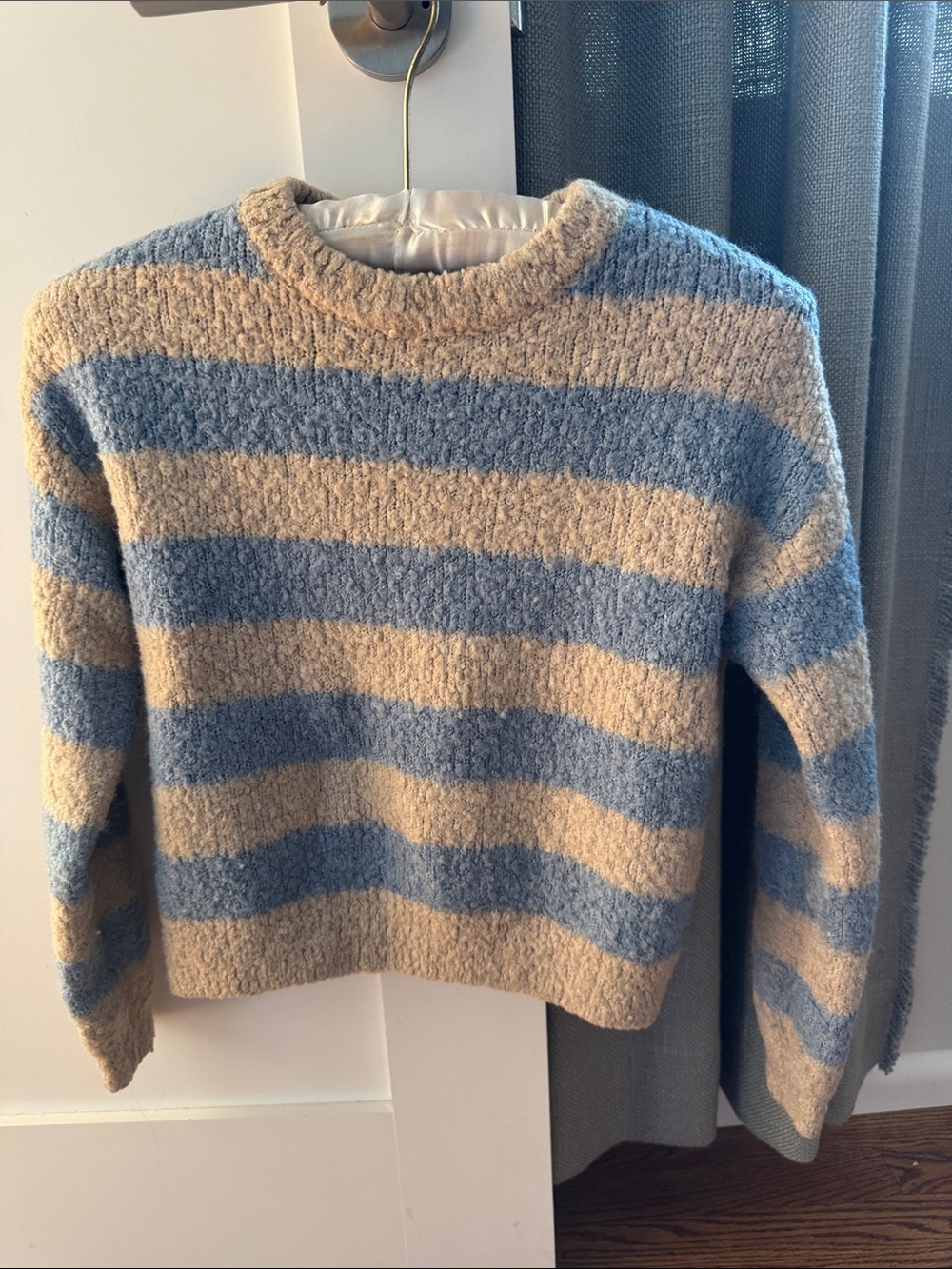Zara Blue and Cream Striped Fuzzy Crewneck Sweater